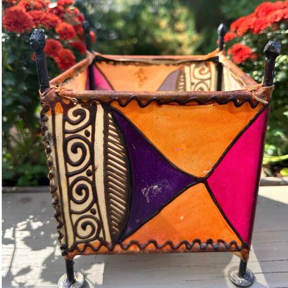 Candle holder Vintage Stretched Skin Square Painted ethnic tribal metal pink 7” - Picture 12 of 14